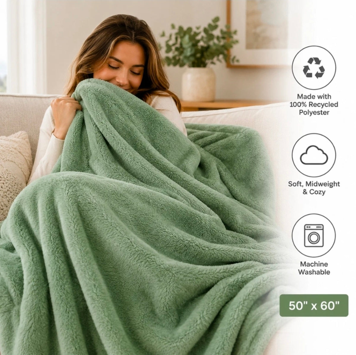 Room Essentials green plush throw, 50 by 60 inches; sold as a case of eight