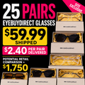 25-pair EyeBuyDirect glasses lot, $59.99 shipped, approximately $1,750 potential retail comparison