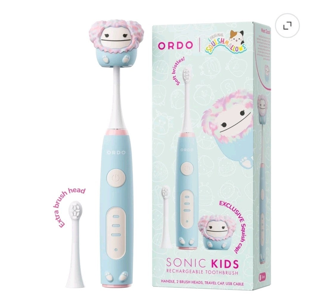 ORDO Squishmallows Kids Rechargeable Sonic Toothbrush Zozo Blue Pink +Squish Cap0