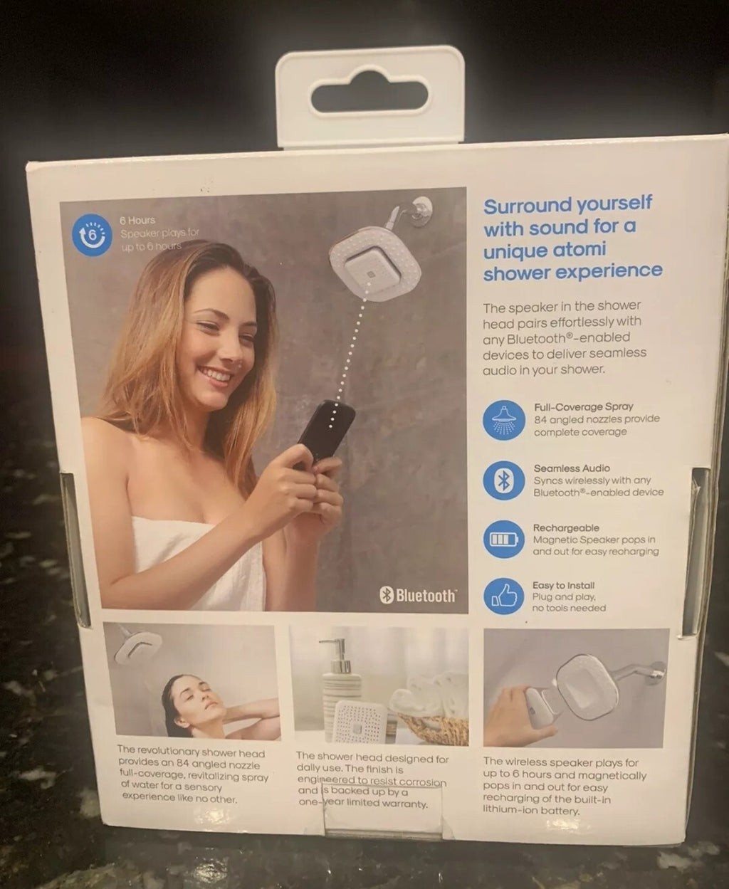 Atomi Shower Head with Bluetooth Speaker Wireless w/ Microphone Play Music NEW!!3