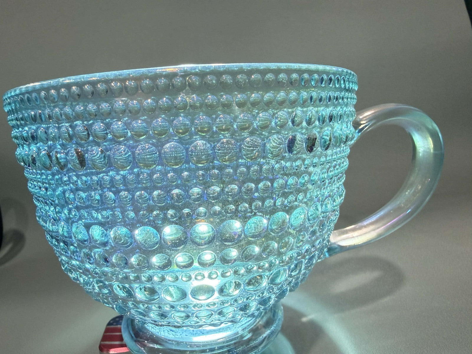 Iridescent Icy Aqua Bubble Bead Raised Texture 13.5 Oz Glass Tea Cup Mug Set 1