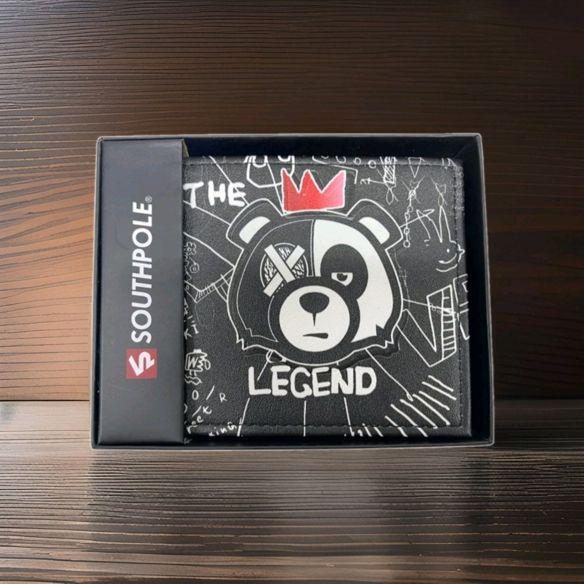 Southpole Legend Bear Graffiti Y2K Bifold Wallet Black Faux Leather NIB Vintage0