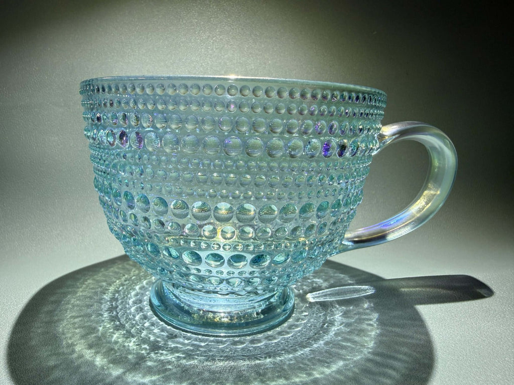 Iridescent Icy Aqua Bubble Bead Raised Texture 13.5 Oz Glass Tea Cup Mug Set 3
