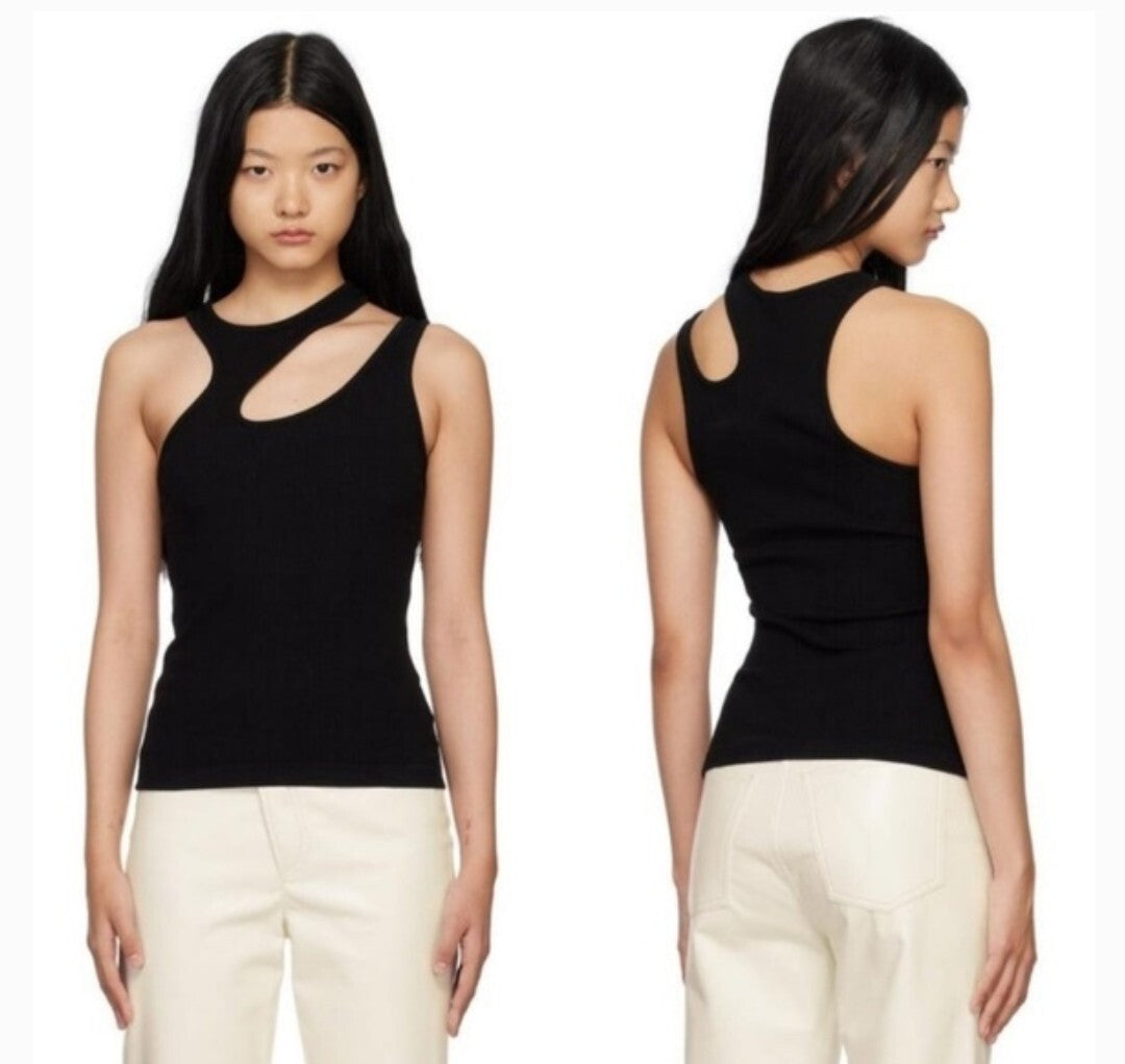 Agolde Athena Cutout Ribbed Stretch Slim Fit Tank Top in Black Asymmetrical Sm0