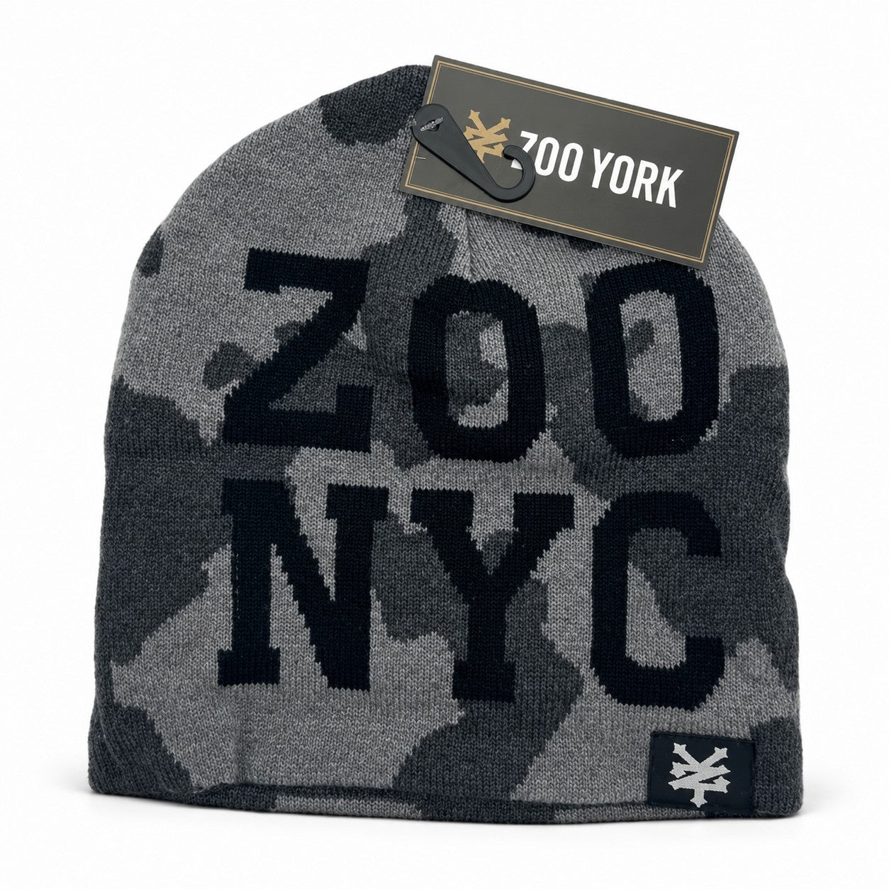 Zoo York NYC Y2K Camo Beanie Hat Gray Black Knit Winter Streetwear Skater Cap0