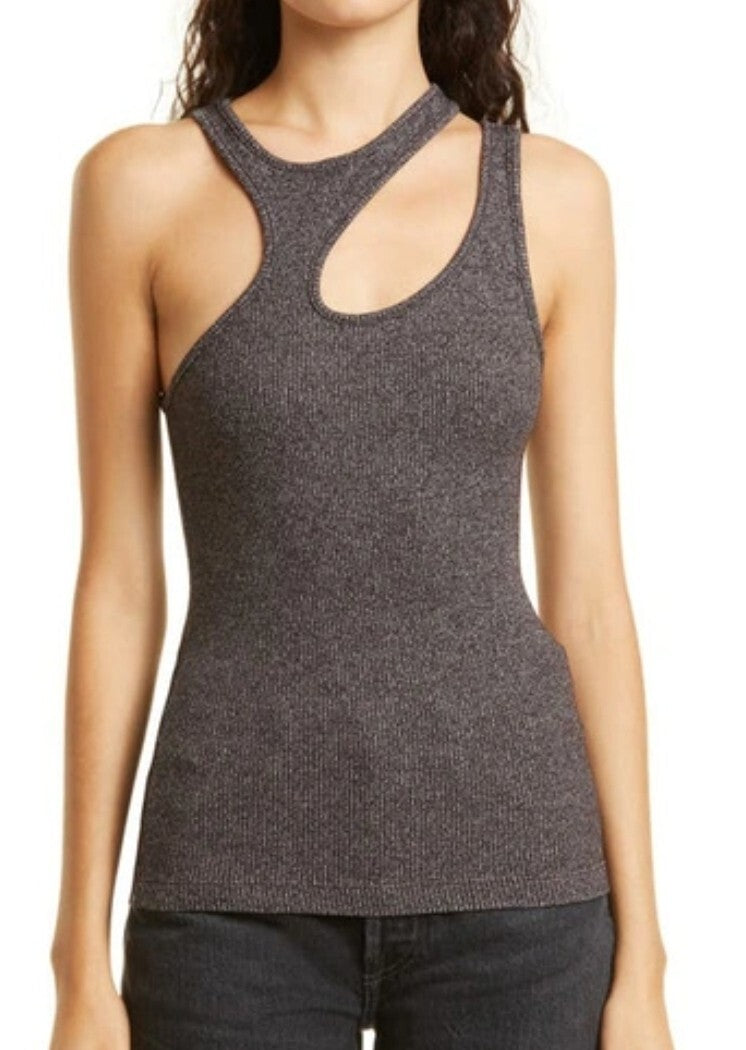 Agolde Athena Cutout Ribbed Stretch Slim Fit Tank Top in Jasper Asymmetrical Sm0