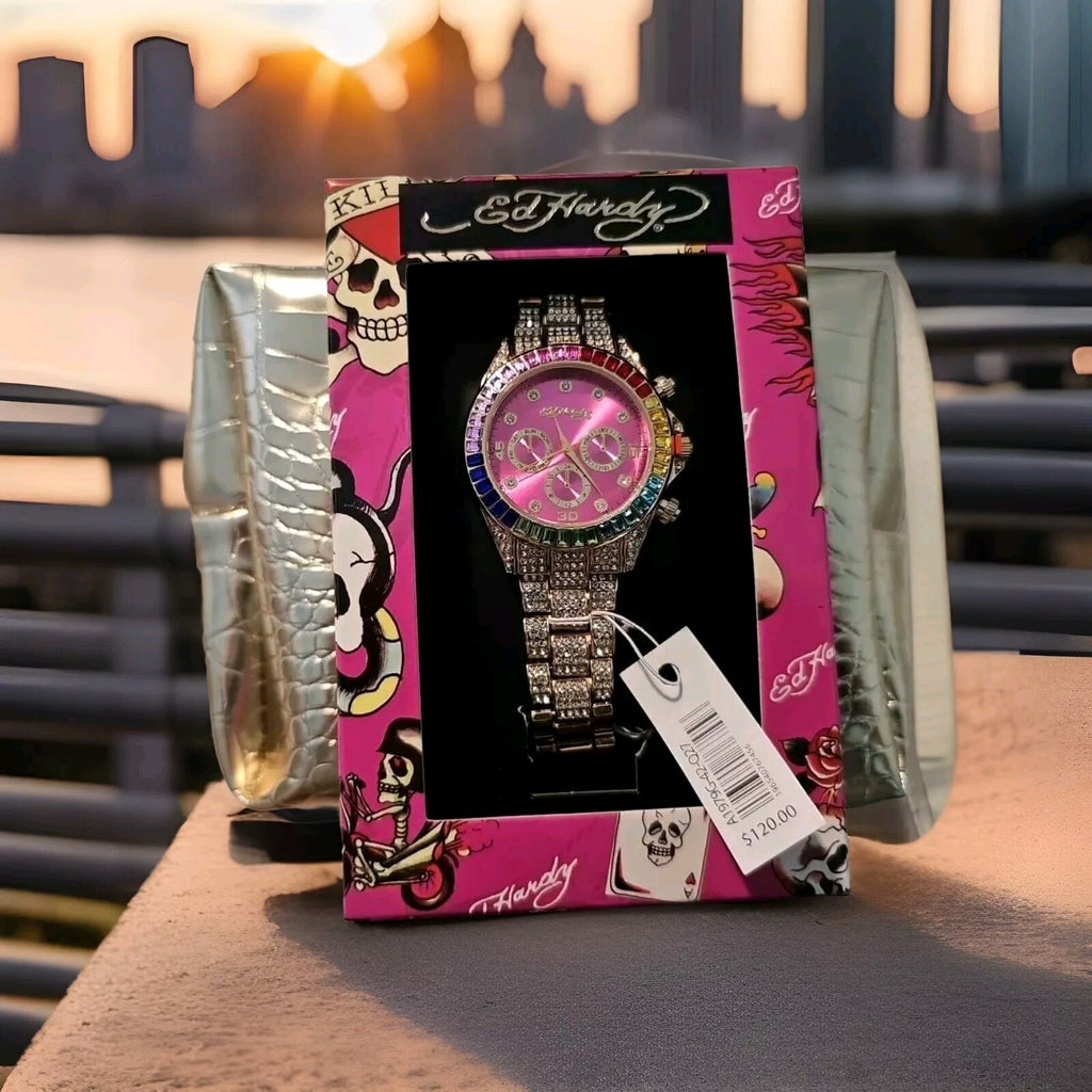 New Ed Hardy 2 Piece Gift SET BLING WATCH & COSMETICS BAG Y2K GOLD 0