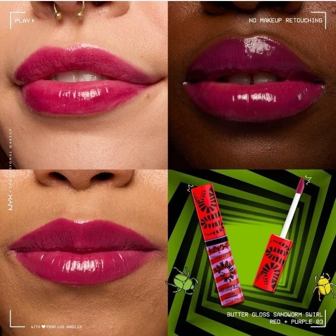 NYX BEETLEJUICE SANDWORM SWIRL BUTTER LIP GLOSS “ PURPLE +RED 03”2