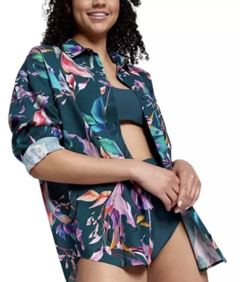 CALIA Women's Swim Oversized Long Sleeve Button Down Cover Up Floral M NWT 0