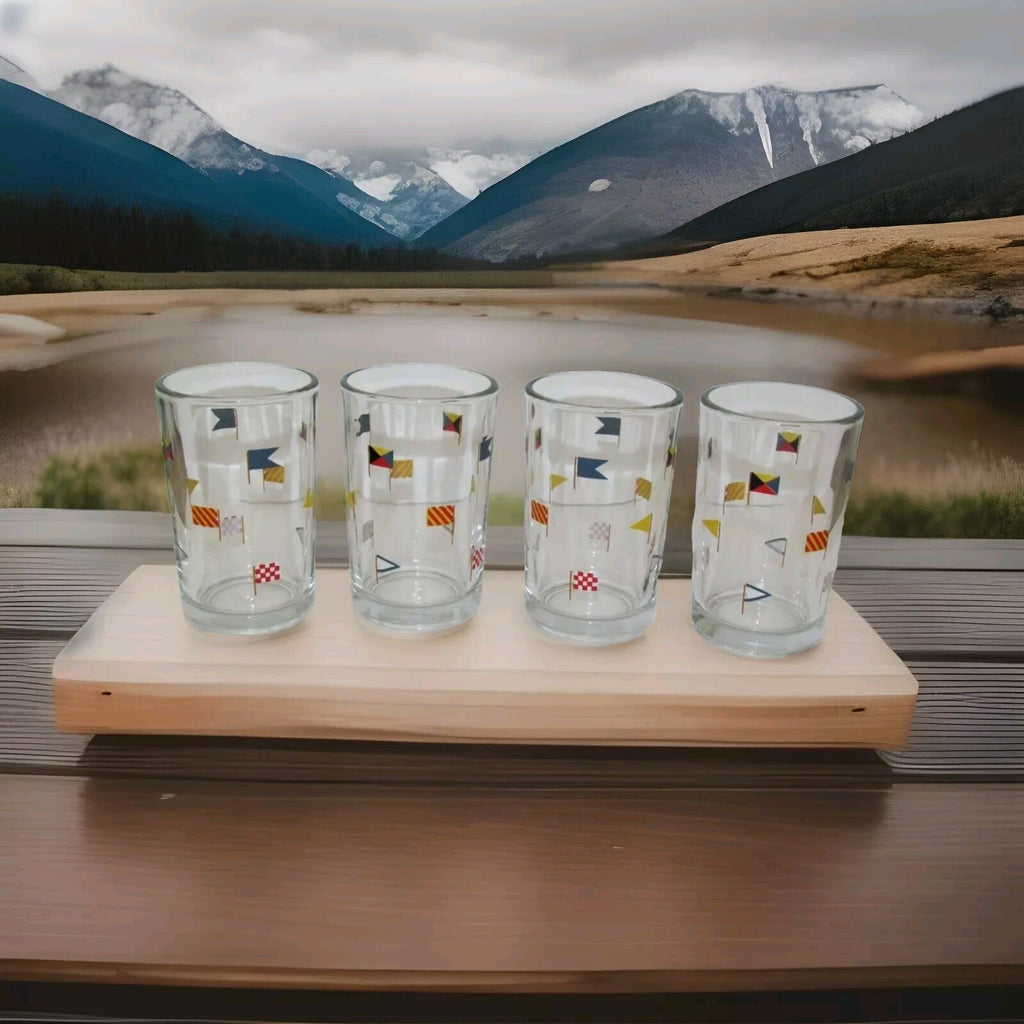 Pottery Barn Colorful Nautical Flag Set of 4 Juice Glasses, Coastal/Boats NEW1