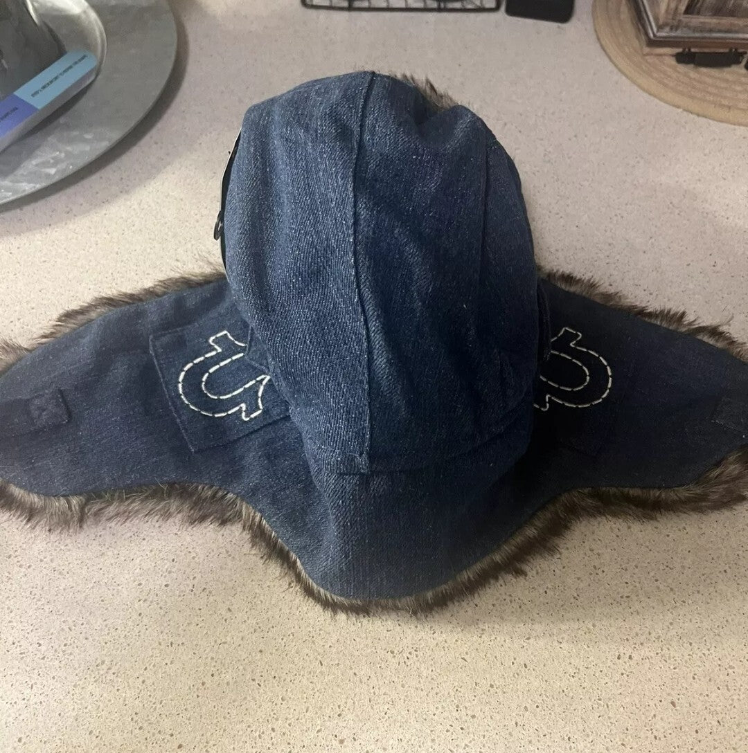 True Religion Trapper Hat Dark Blue Denim Faux Fur Horseshoe Pockets Chin Strap5