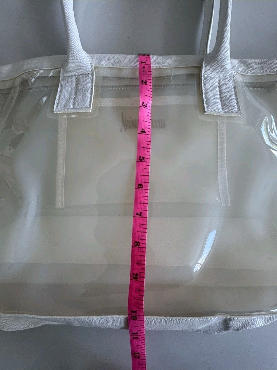 Neiman Marcus Clear PVC White Tote Bag With Zipper And Inner Pouch NEW4