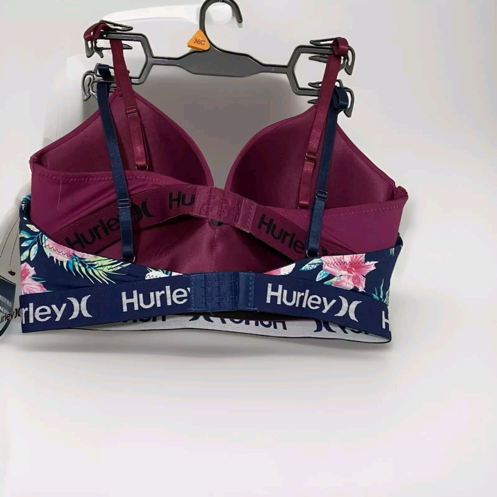 New ️ Hurley 34 B Bra Lot of 2 Laser Wings Hawaiian Bloom Navy & Baby Blue 34B1