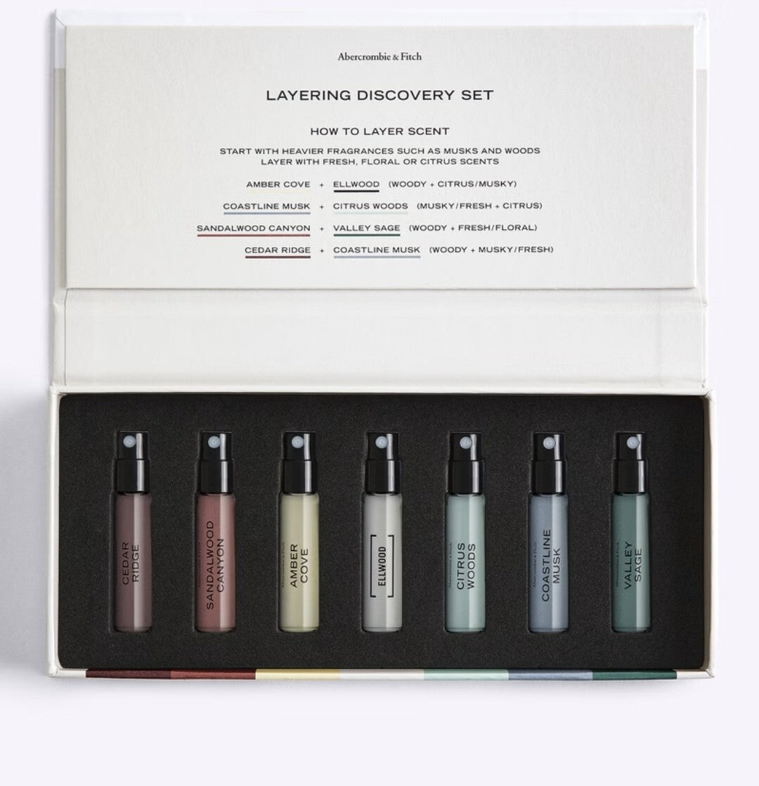 NEW Abercrombie & Fitch 7 pcs ELLWOOD, Amber Cove, Parfum Sampler Set0