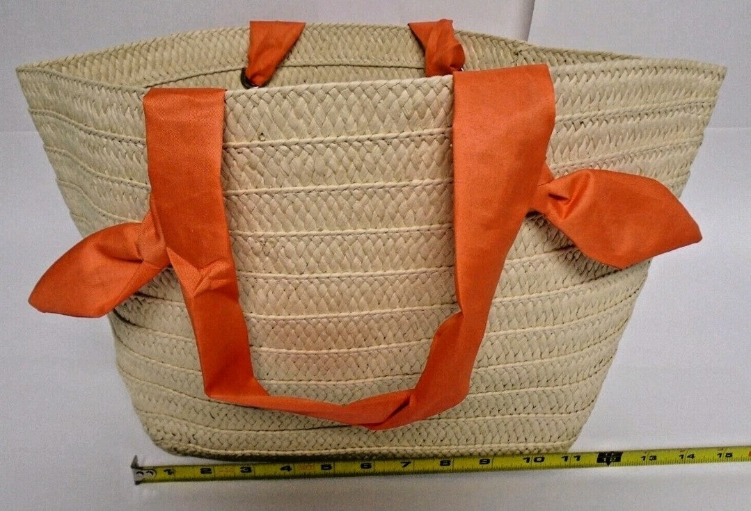 Neiman Marcus Straw Tote Bags  Beige Rattan, Orange Fabric Handles5