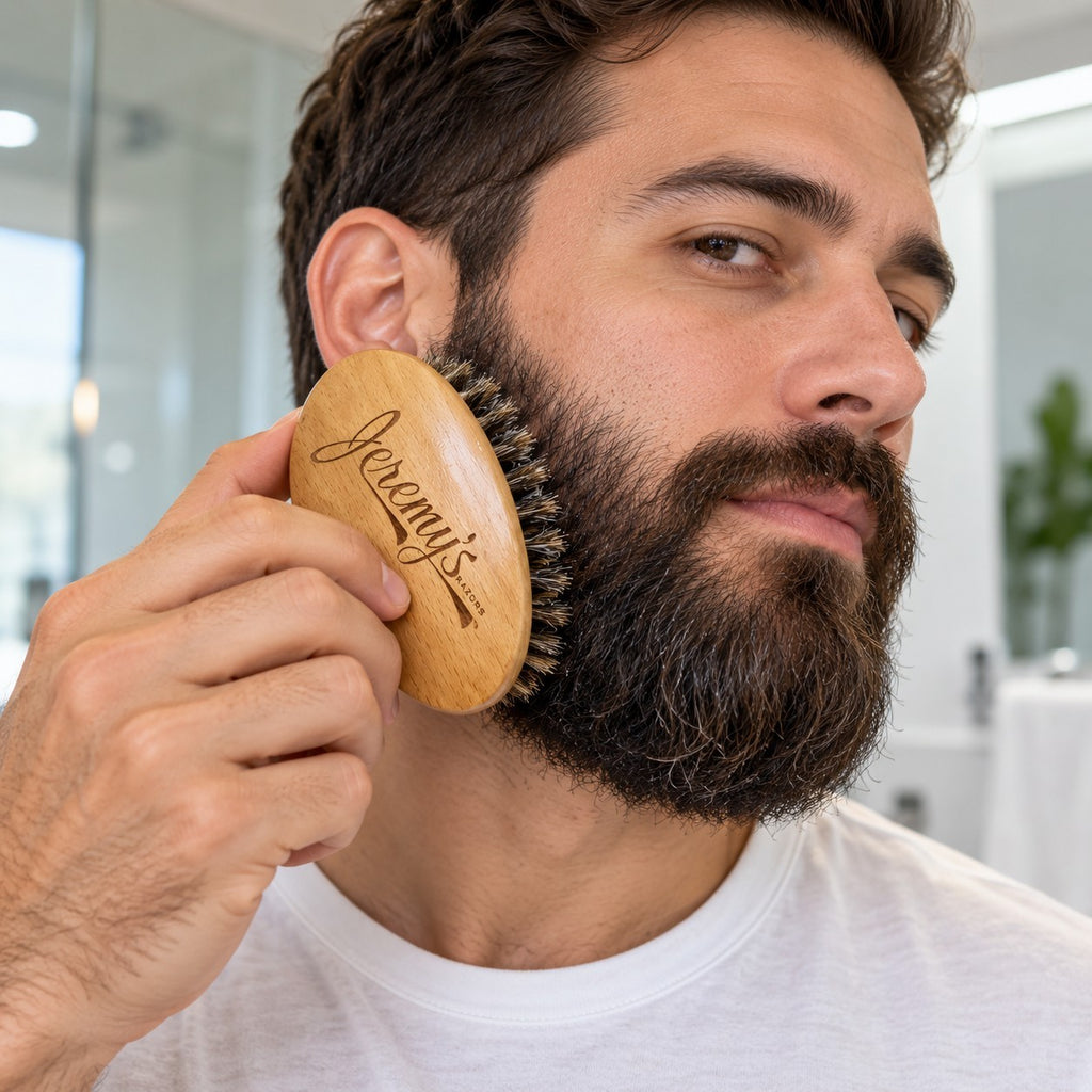 Jeremy's Razors Beard Brush Boar Bristles Oval Beechwood Grooming New Box0