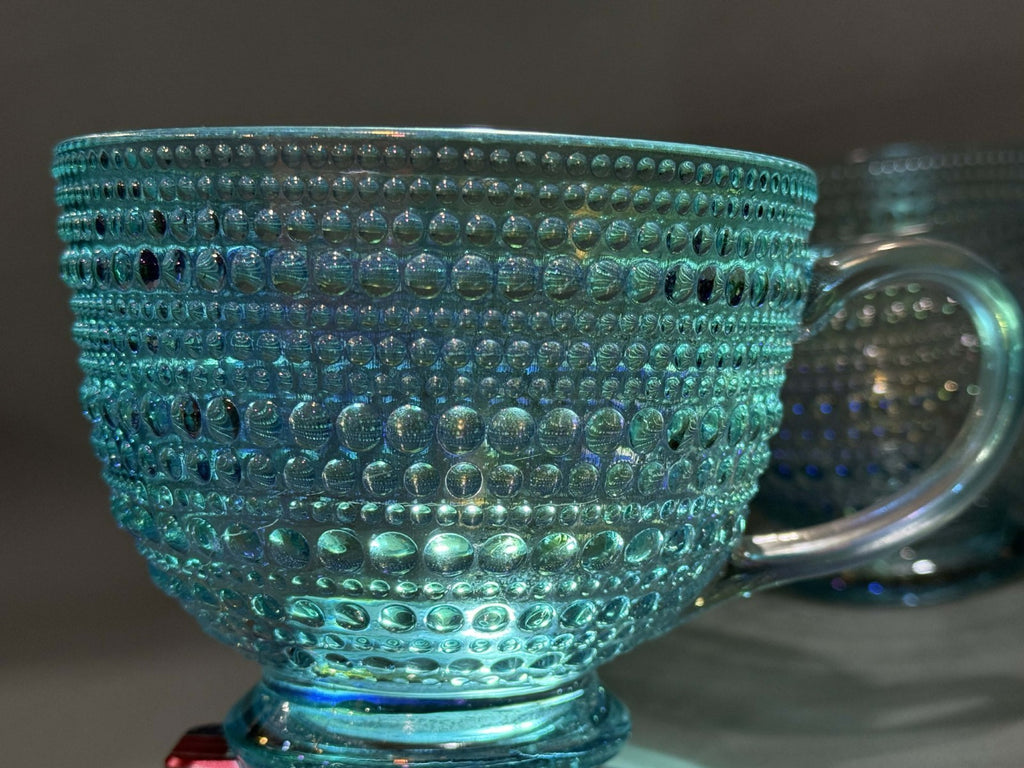 Iridescent Icy Aqua Bubble Bead Raised Texture 13.5 Oz Glass Tea Cup Mug Set 8