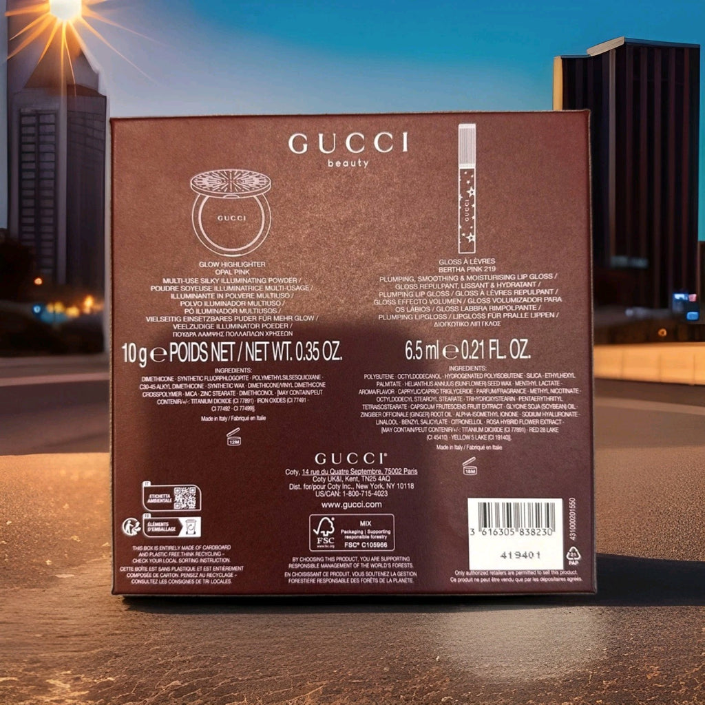GUCCI Beauty Glow Highlighter Powder & Plumping Lip Gloss Set Opal Pink Bertha2