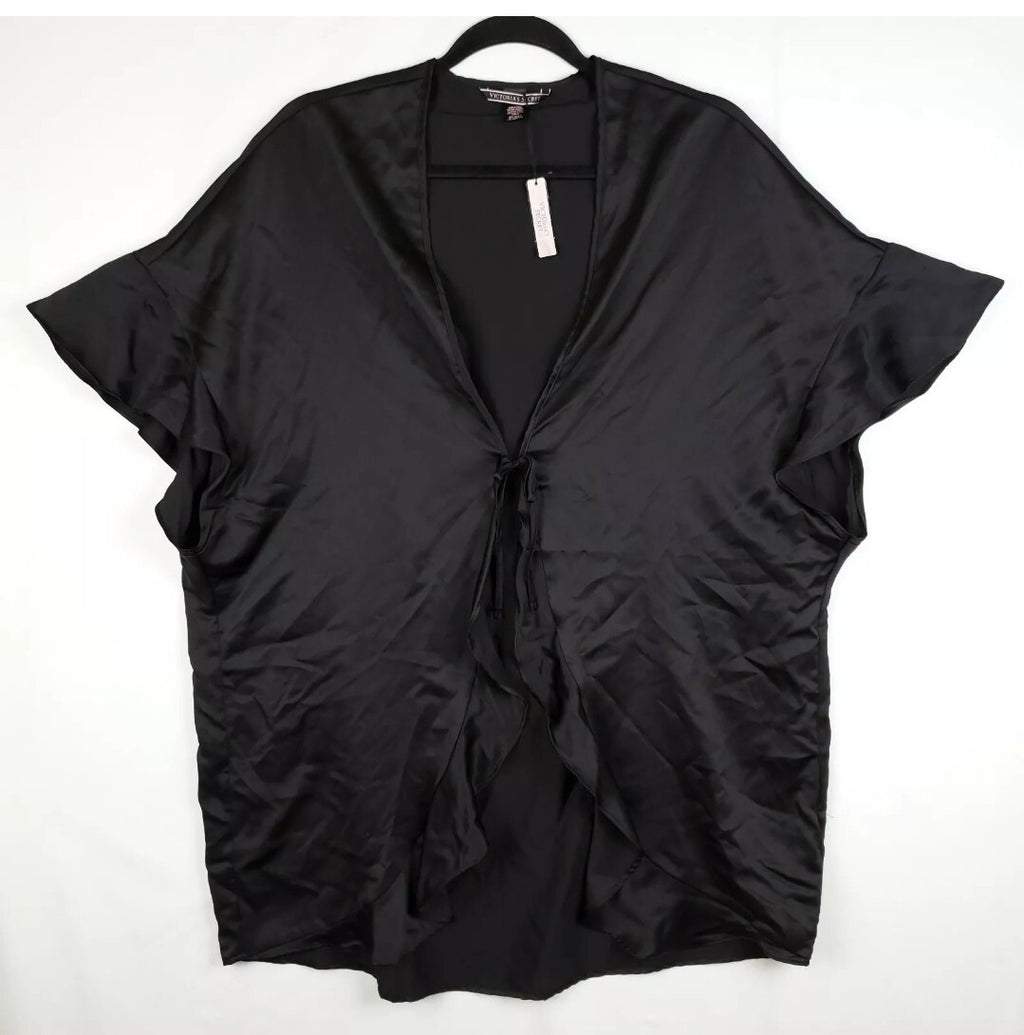 Victorias Secret Robe Kimono Wrap One Size Black Ruffle Sleeve NWT0