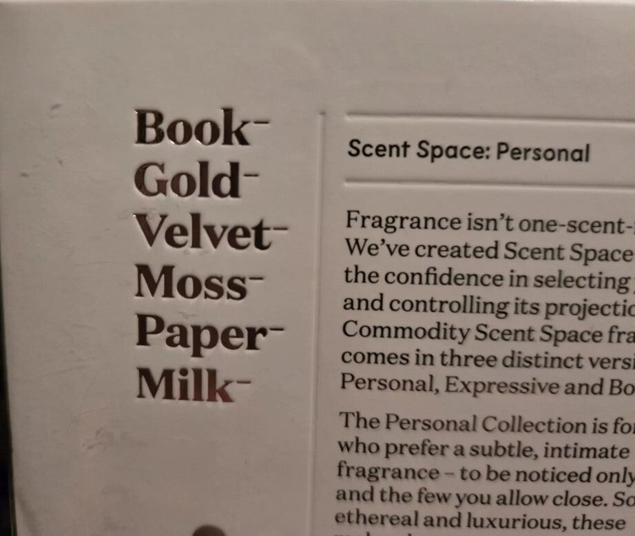 New COMMODITY Fragrances Scent Space Personal Set 6 Fragrance Sampler Gold, Book2