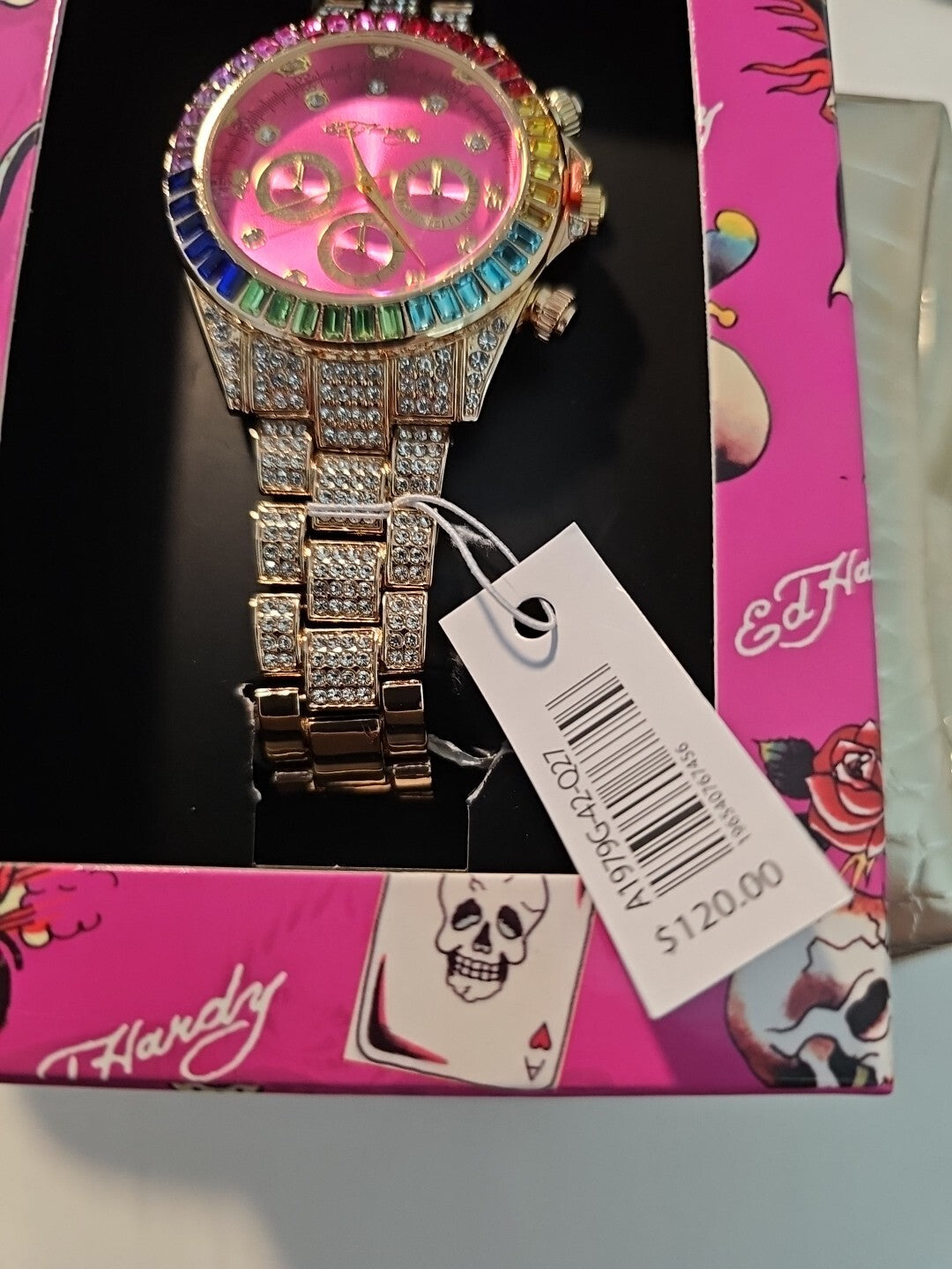 New Ed Hardy 2 Piece Gift SET BLING WATCH & COSMETICS BAG Y2K GOLD 4