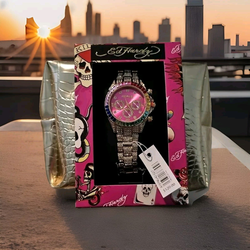 New Ed Hardy 2 Piece Gift SET BLING WATCH & COSMETICS BAG Y2K GOLD 2