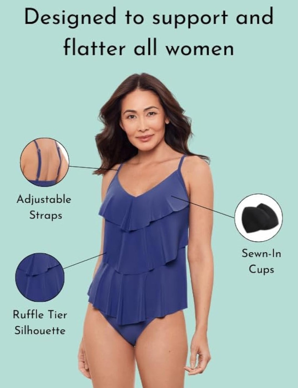 Aqua Green Black Tankini Top Swimwear XL NWT New Woman’s UPF 50 Tiered Ruffle 3