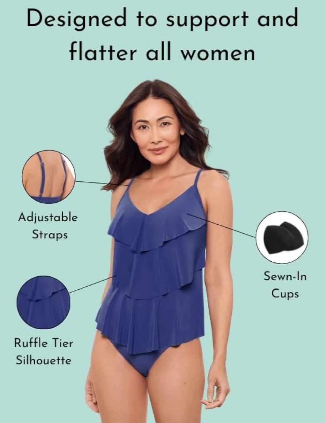 Aqua Green Black Tankini Top Swimwear XL NWT New Woman’s UPF 50 Tiered Ruffle 3
