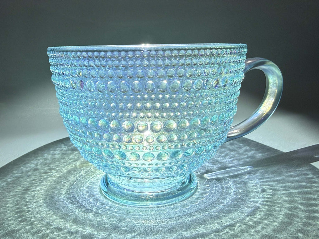 Iridescent Icy Aqua Bubble Bead Raised Texture 13.5 Oz Glass Tea Cup Mug Set 0