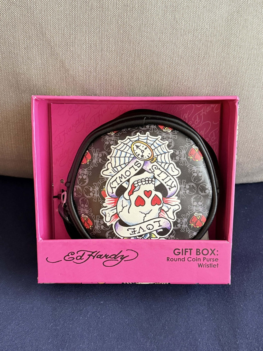 NWT Ed Hardy Black Love Kills Slowly Rhinestone  Coin Purse Wristlet~Gift Box1