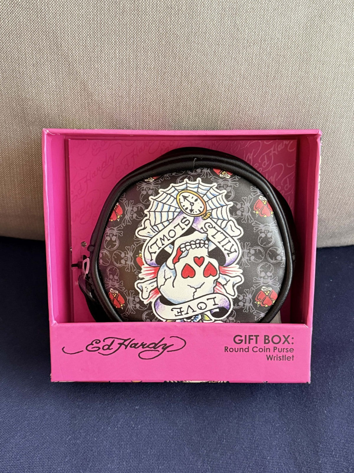 NWT Ed Hardy Black Love Kills Slowly Rhinestone  Coin Purse Wristlet~Gift Box1