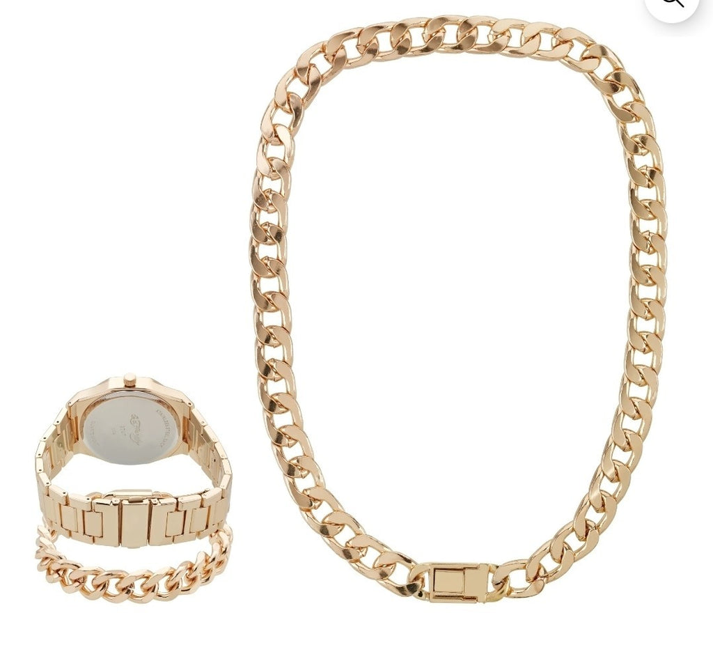 Ed Hardy Men's Shiny Gold Metal Cuban Neck Chain Bracelet Watch 42mm Gift Set7