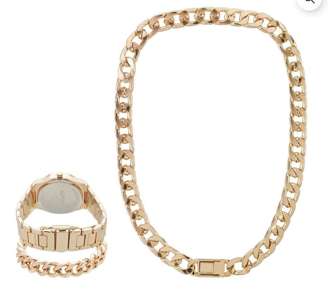 Ed Hardy Men's Shiny Gold Metal Cuban Neck Chain Bracelet Watch 42mm Gift Set7