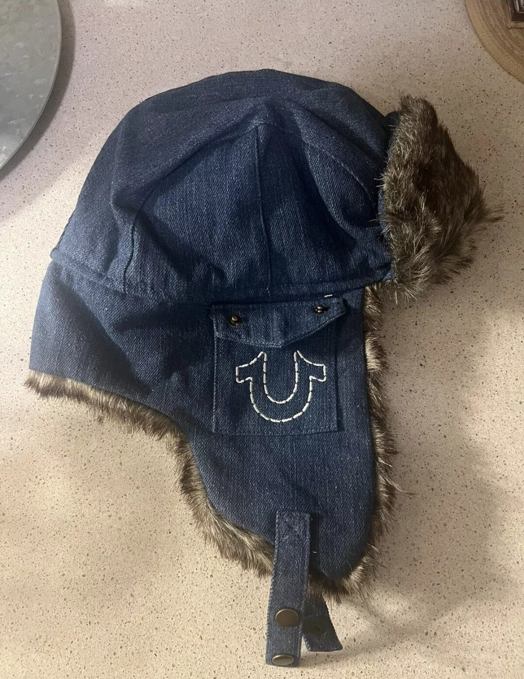 True Religion Trapper Hat Dark Blue Denim Faux Fur Horseshoe Pockets Chin Strap1