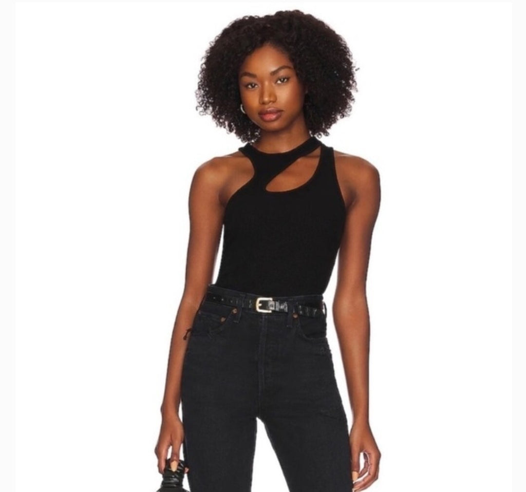 Agolde Athena Cutout Ribbed Stretch Slim Fit Tank Top in Black Asymmetrical Sm1