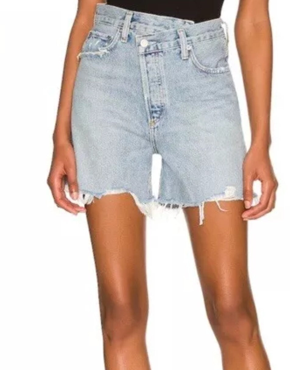 NWOT AGOLDE Criss Cross Denim Shorts Sz 27 $178 Vintage Denim Light 90s 90's0