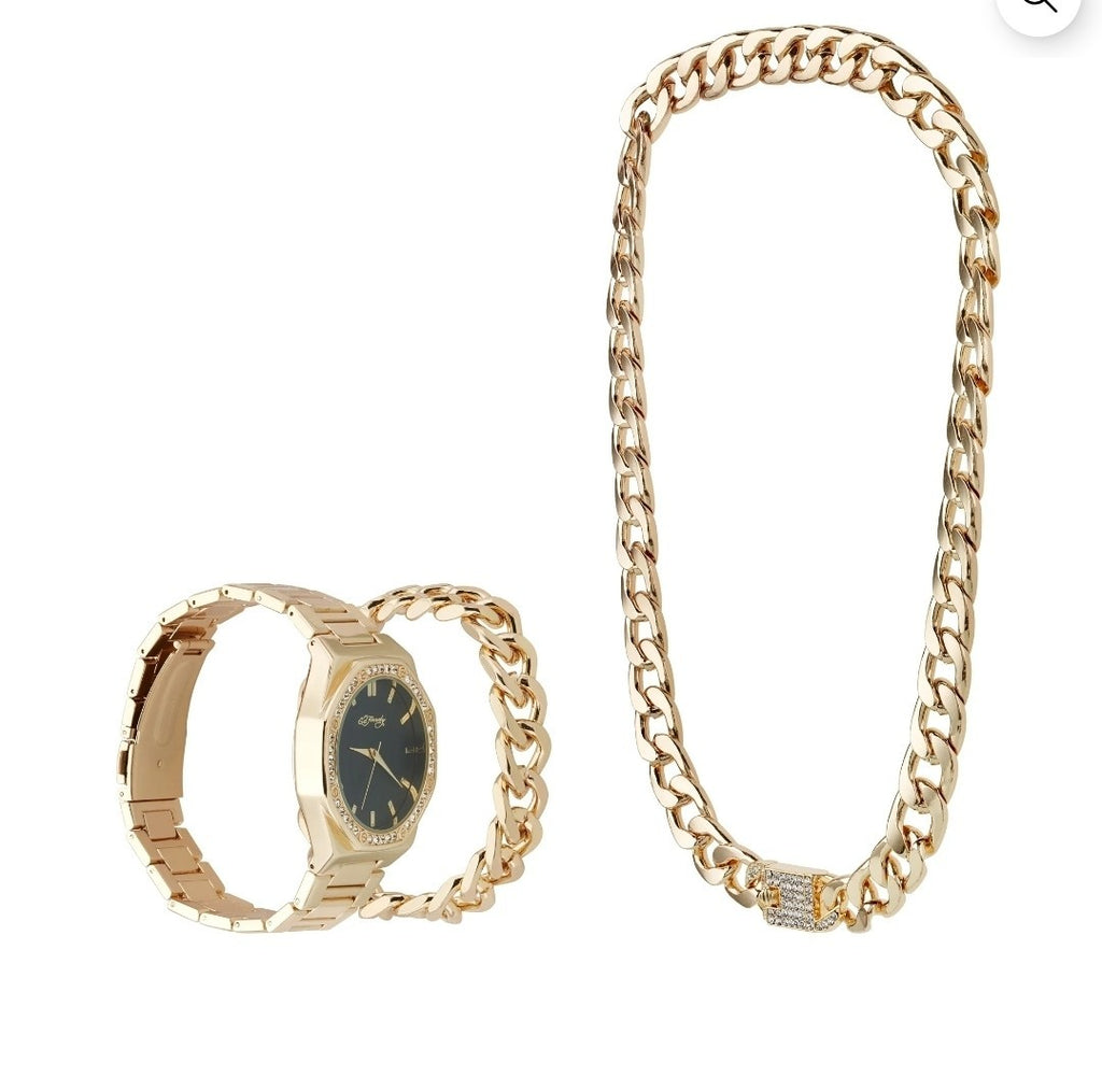 Ed Hardy Men's Shiny Gold Metal Cuban Neck Chain Bracelet Watch 42mm Gift Set6