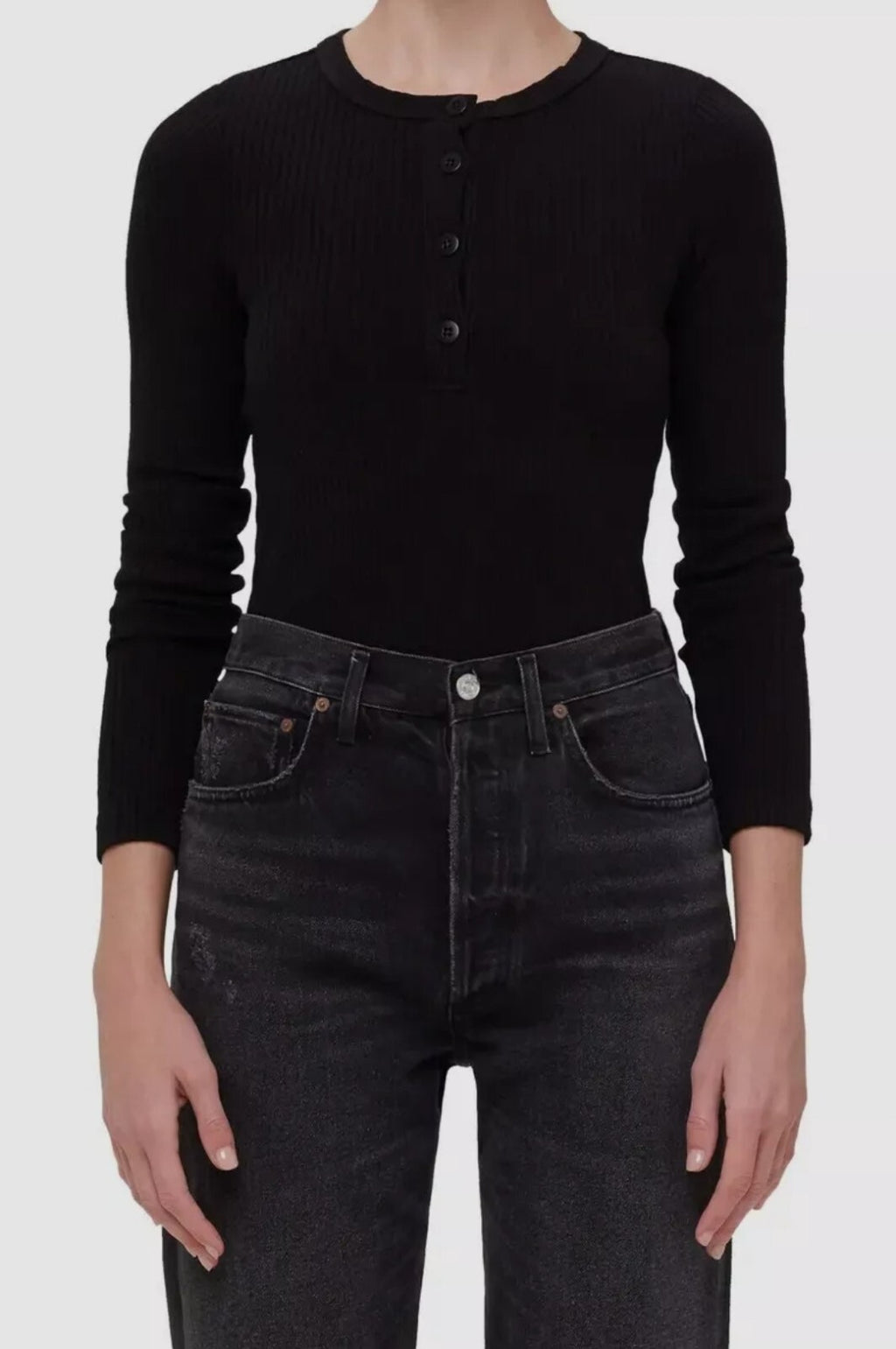 $158 Citizens of Humanity Women's Black Celeste Back Cutout Henley Top Size Sm2