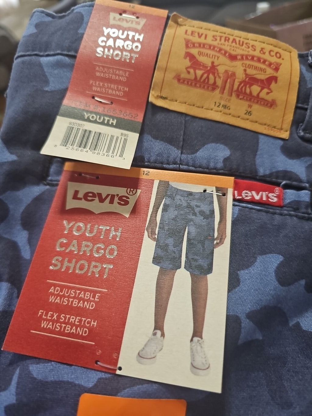 NEW Levi's Youth Boys' Cargo Shorts Blue Camo Size 12 Camouflage Levi Adjustable3