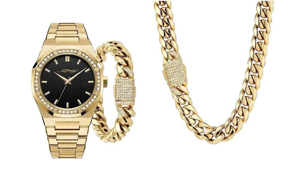 Ed Hardy Men's Shiny Gold Metal Cuban Neck Chain Bracelet Watch 42mm Gift Set5