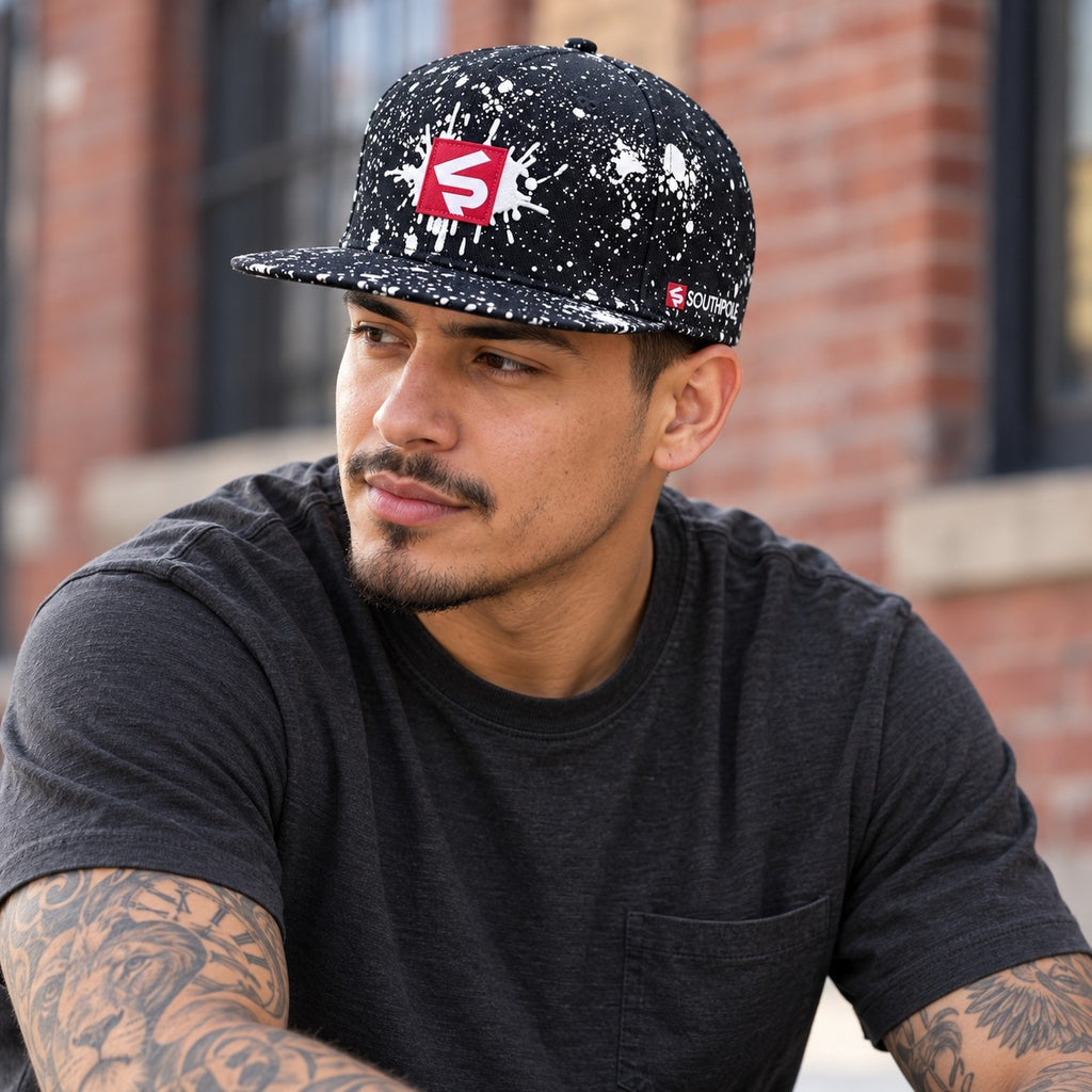 Southpole Mens Snapback Hat Black White Paint Splatter Flat Bill Adjustable Cap0