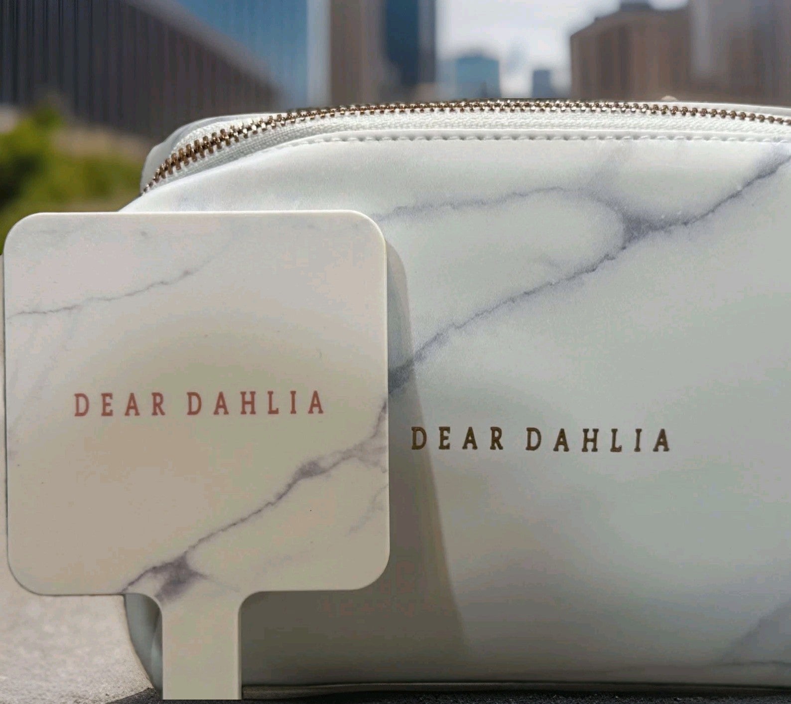 Dear Dahlia Marble Makeup Cosmetic Bag Travel Pouch w/ Matching Hand Mirror Rare0