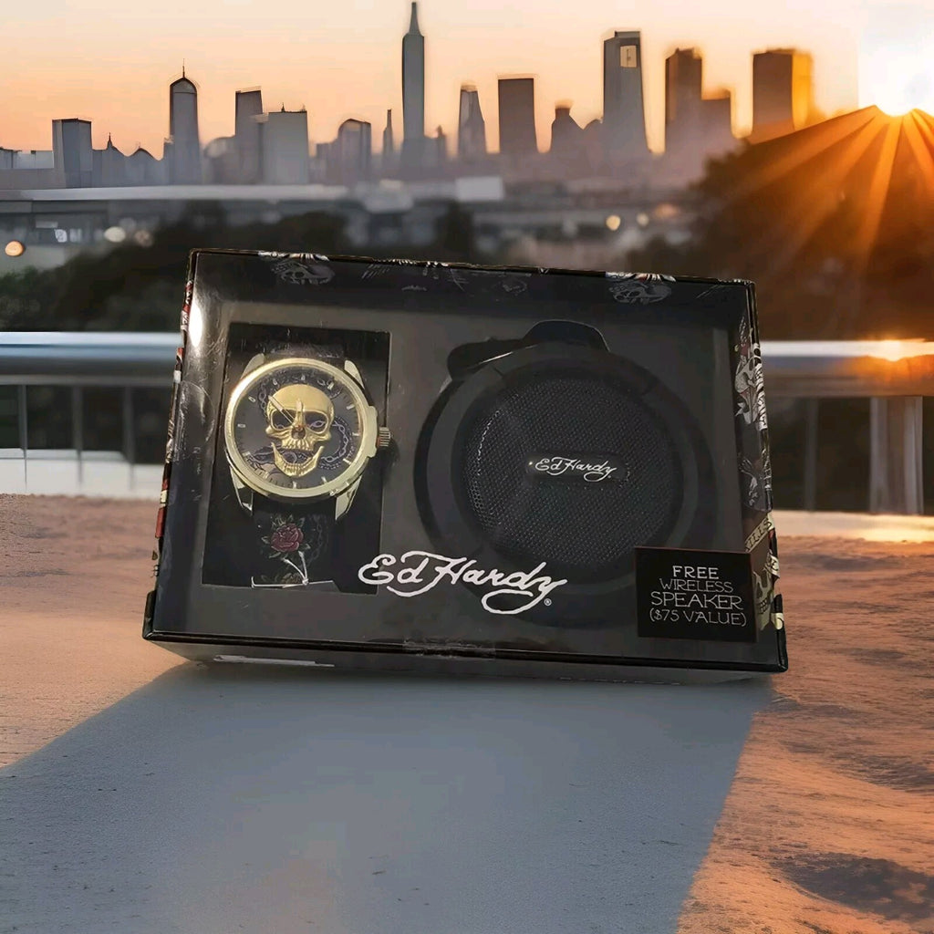 New Ed Hardy 2 Piece Gift SET BLING WATCH & Bluetooth Speaker Y2K GOLD 0