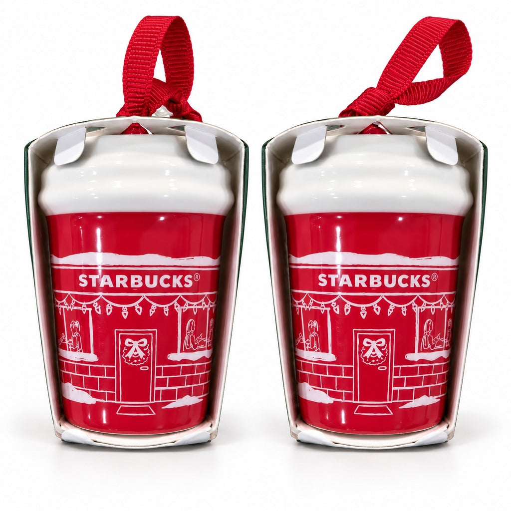 2x Starbucks 2025 Christmas Holiday Cheers Store Front Red Cup Ornament Lot New2
