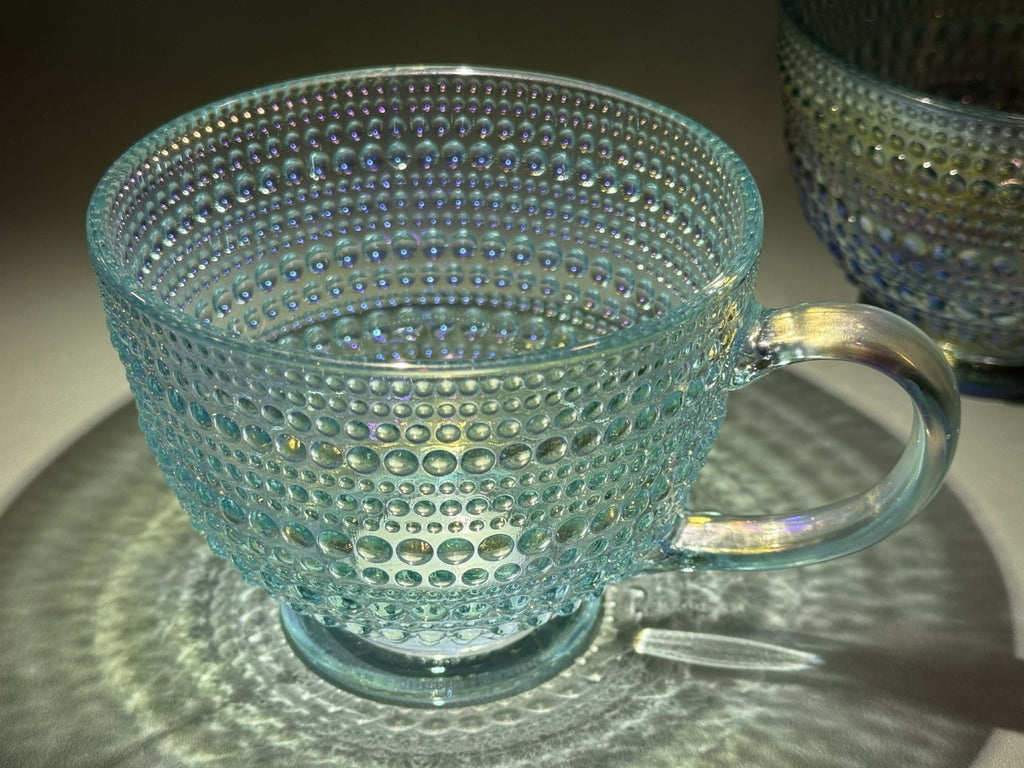 Iridescent Icy Aqua Bubble Bead Raised Texture 13.5 Oz Glass Tea Cup Mug Set 9