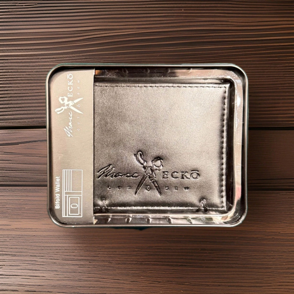 New Marc Ecko Unltd Black Leather Men's Wallet Bi-Fold Card Cut & Sew W Tin 2