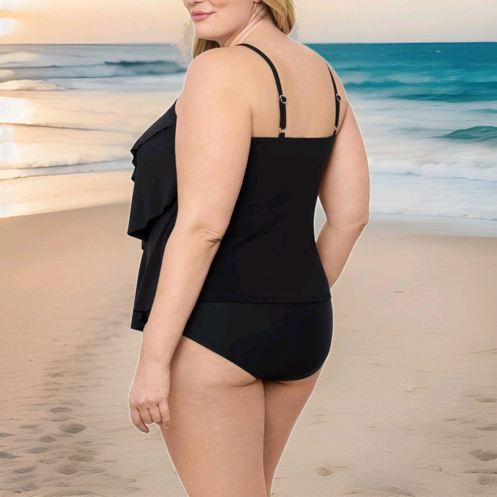 Aqua Green Black Tankini Top Swimwear XL NWT New Woman’s UPF 50 Tiered Ruffle 1