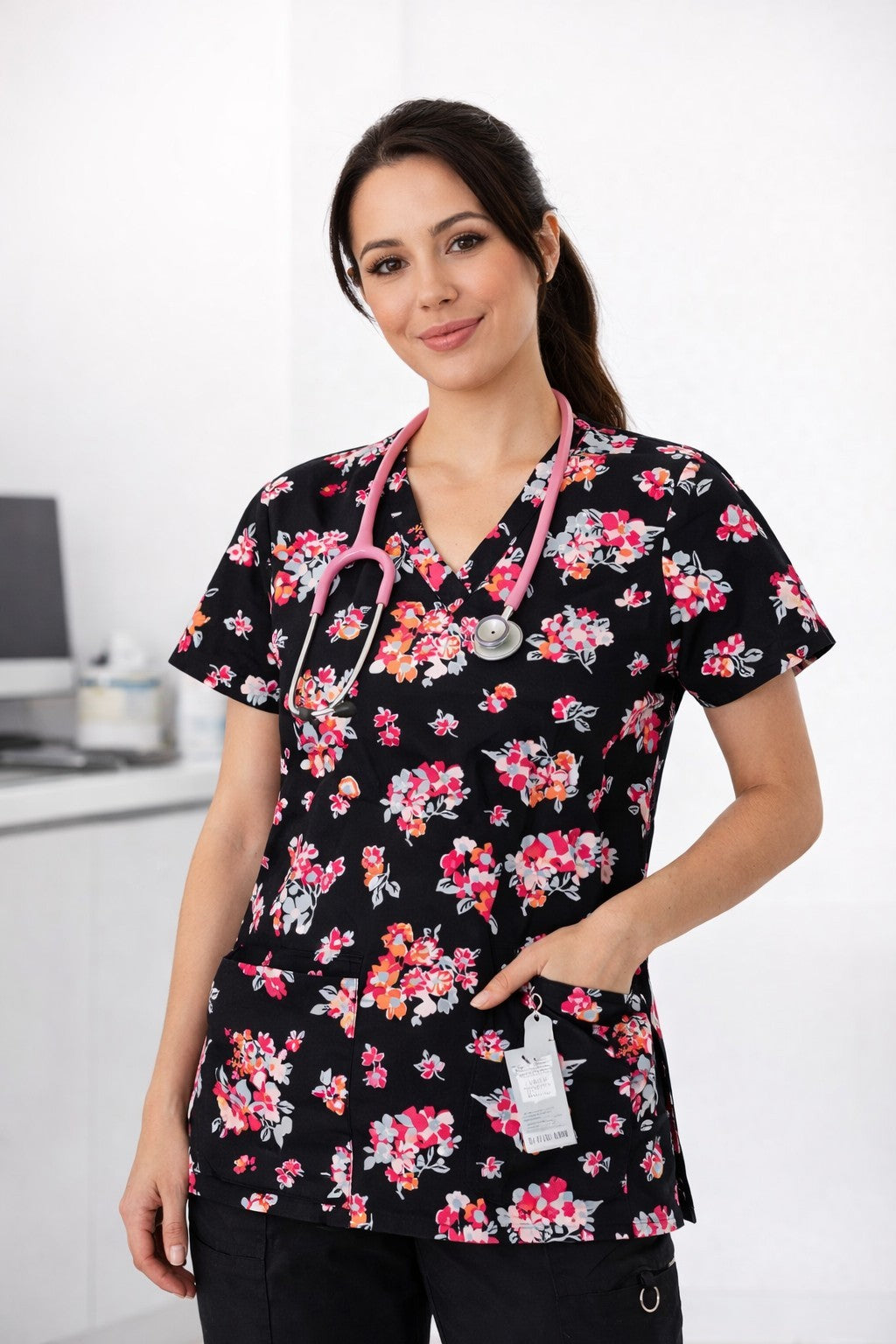 Vera Bradley Scrub Top Womens M Floral Rare Breast Cancer Awareness Pockets NWT1