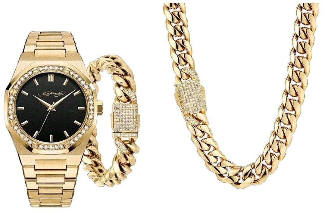 Ed Hardy Men's Shiny Gold Metal Cuban Neck Chain Bracelet Watch 42mm Gift Set8