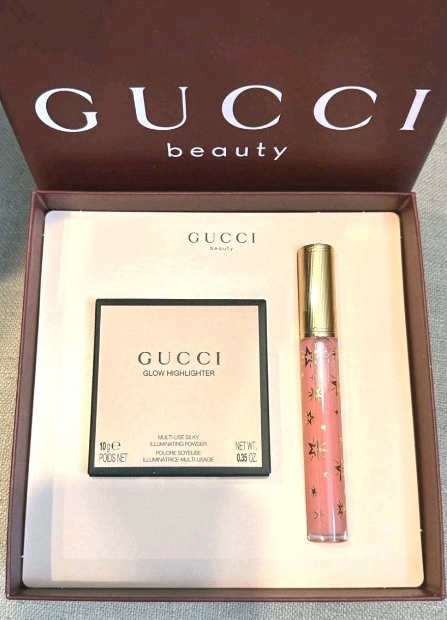 GUCCI Beauty Glow Highlighter Powder & Plumping Lip Gloss Set Opal Pink Bertha1